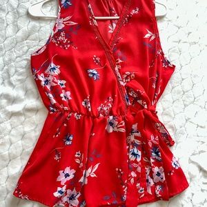 Floral wrap tank top. Red with blue and pink accents